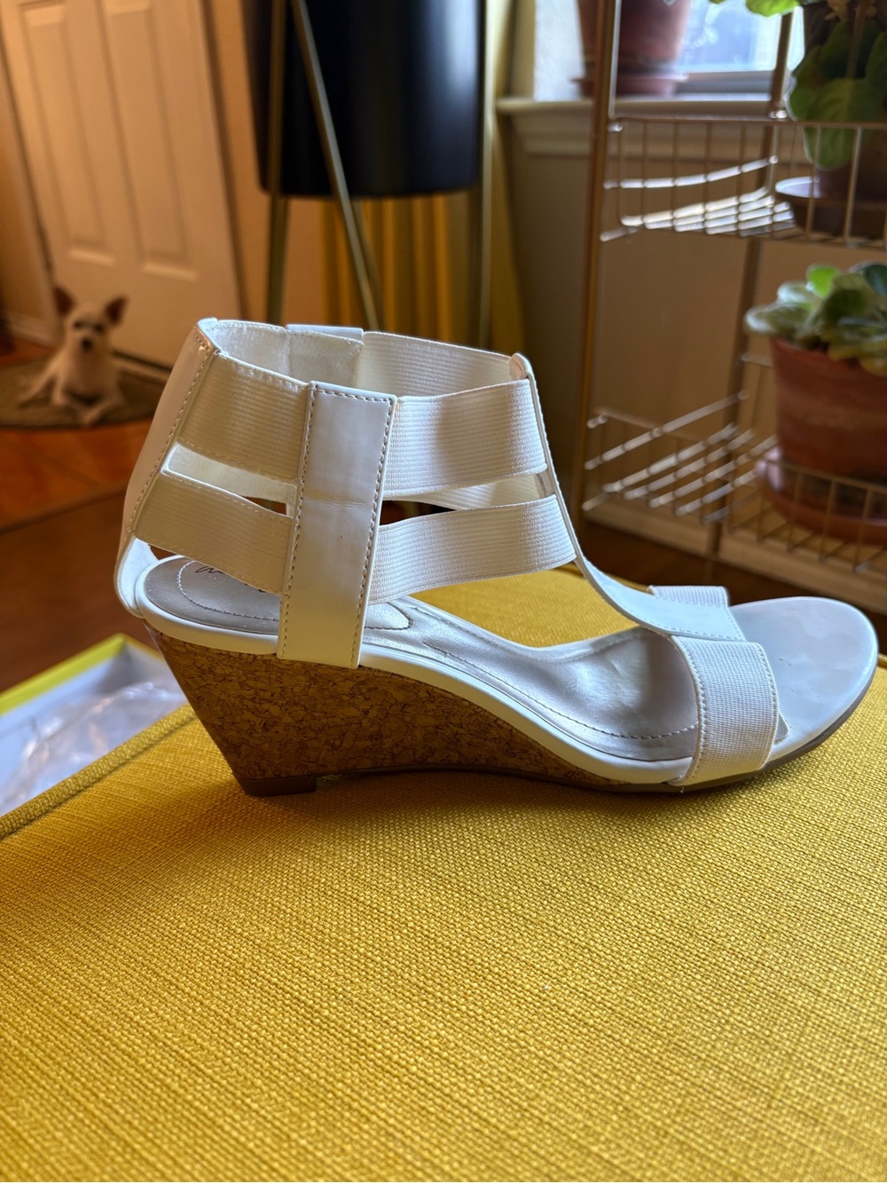 dexflex comfort White Elastic Strappy Cork Wedge Sandals